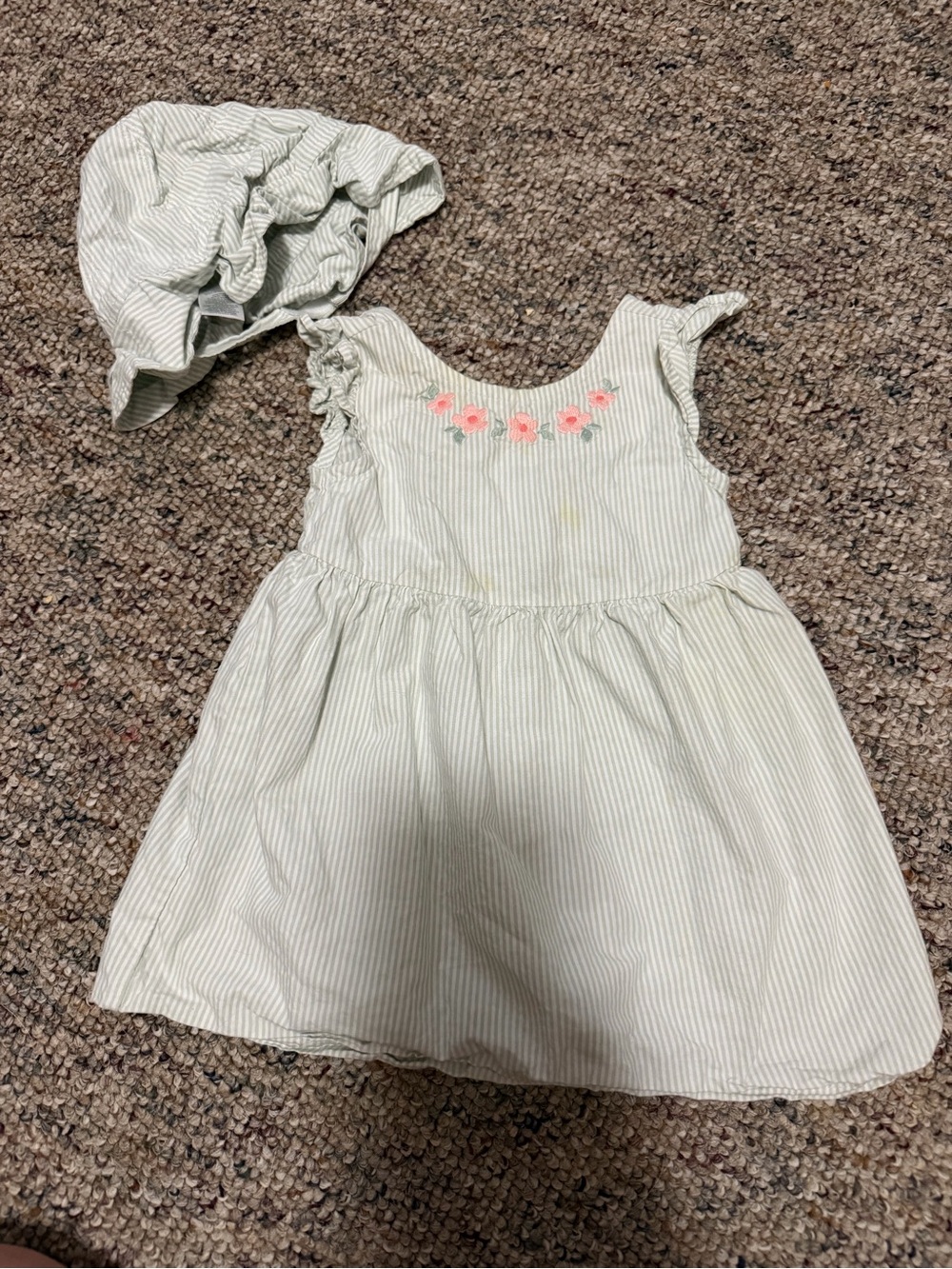 Carter's Light Green Striped Dress with Pink Floral Embroidery and Matching Hat